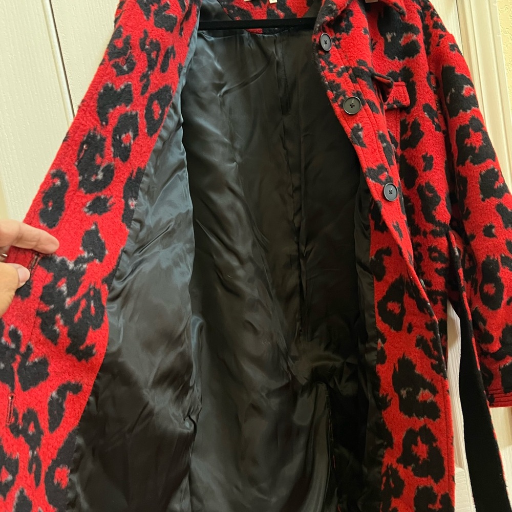 Diane von Furstenberg Red Leopard Wool Blend Belted Coat Jacket M - Picture 7 of 8
